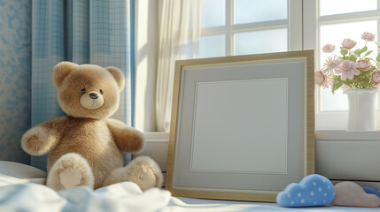 Cozy Childhood Nook with Teddy Bear and Picture Frame. Warm and Welcoming Nursery Corner with Teddy and Blank Frame. Mockup