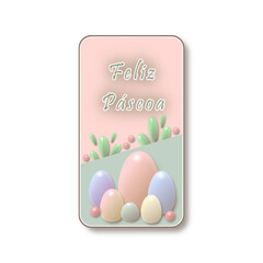 Forma de celular desenhado sobre fundo transparente, png, com inscrição Feliz Páscoa e ovos...