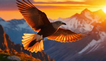 Sunset Soar: Vibrant Bird Glides Through Mountain Peaks in Dazzling Twilight