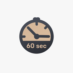 60 second timer clock. 60 sec stopwatch icon countdown time stop chronometer. Stock vector illustration isolated on white background.