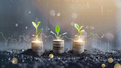 Three stacks of coins with sprouting plants on top, growing in proportion from left to right, symbolizing growth and development of money over time