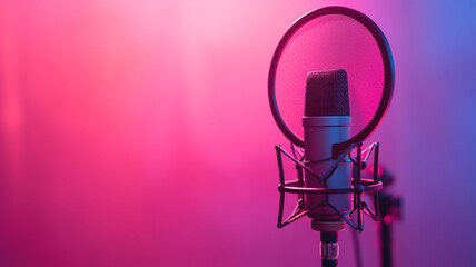 A professional recording setup featuring a microphone with a pop filter, set against a backdrop that artistically transitions 