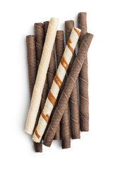 Close-Up of Chocolate Wafer Sticks on White Background