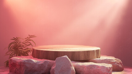 A rustic wooden podium pedestal on a rough stone platform, illuminated by soft, pink spotlights....