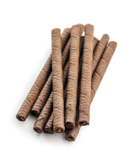 Close-Up of Chocolate Wafer Sticks on White Background