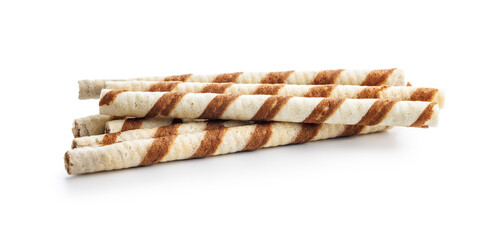 Delicious Striped Wafer Rolls Isolated on White Background