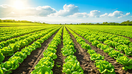 Fototapeta na wymiar Vast Field of Green Lettuce Under Blue Sky