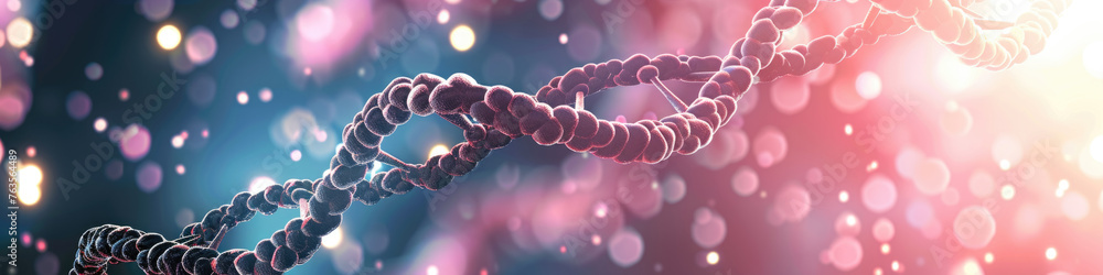 Poster a luminescent double helix dna structure stands out in a vibrant bokeh backdrop, symbolizing biotech