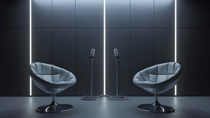 A sleek, modern podcast setup with two metallic silver chairs and professional microphones, set against a dark grey background. LED lights strategically placed 