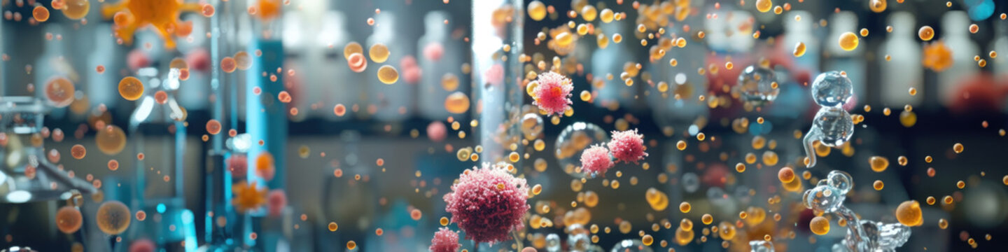 Multicolored spheres resembling molecules or cells float in a bokeh-lit blurred background, suggesting a scientific theme