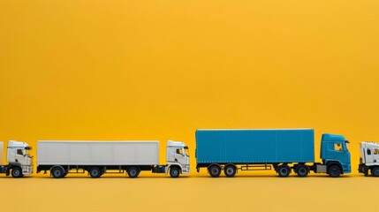 A leadership analogy where a blue truck guides a convoy of white trucks against a yellow backdrop, illustrating guidance, direction, and influence within a team or organization - obrazy, fototapety, plakaty