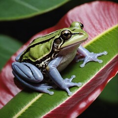 Small frog sitting on a big green jungle leaf