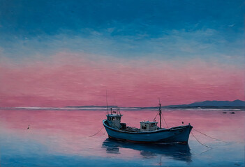 Fishing boat on sea in morning. Food industry