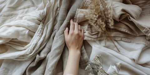 A designer's hand brushing over sustainable linen fabrics displayed in natural shades of beige and...