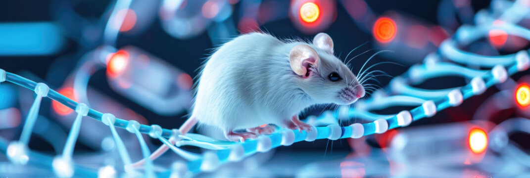 A white laboratory mouse carefully walks along intertwined, glowing fiber optic cables in a scientific study