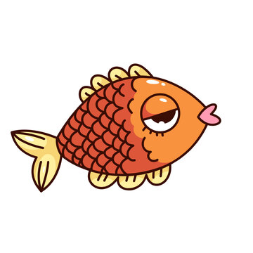 recommend clip art: Groovy golden fish cartoon character with tired expression. Funny retro bored goldfish with fins and tail, tiredness and fatigue mascot, cartoon sea fish sticker of 70s 80s style vector illustration