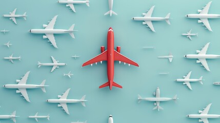 A minimalist style representation of a red airplane changing direction from the white ones, illustrating courage, innovation, and a unique approach