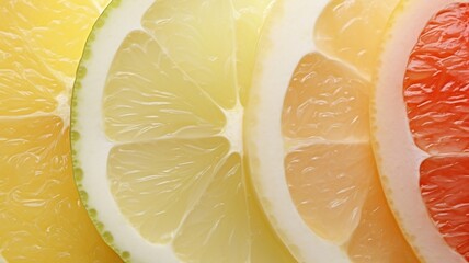 Close-up view of citrus fruit slices - grapefruit, lemon, and lime
