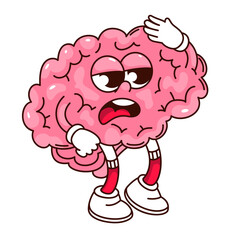 Groovy tired brain cartoon character needs rest and sleep. Funny retro puzzled human organ with stupid face, fatigue and no ideas mascot, cartoon brain sticker of 70s 80s style vector illustration