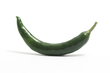 Green hot chili pepper side view isolated on white background clipping path