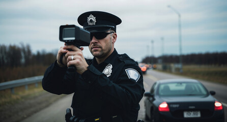 Police officer aiming radar gun at oncoming traffic - obrazy, fototapety, plakaty