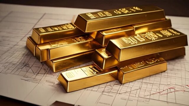 Raw of gold bars in line 3d render video