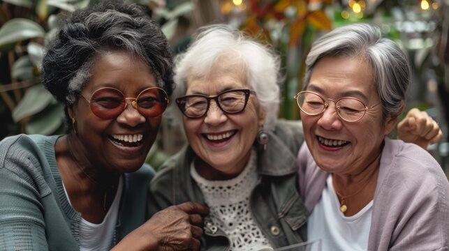 A group of older women laughing and posing for a picture