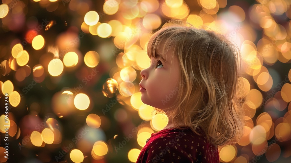 Poster a little girl standing in front of a christmas tree