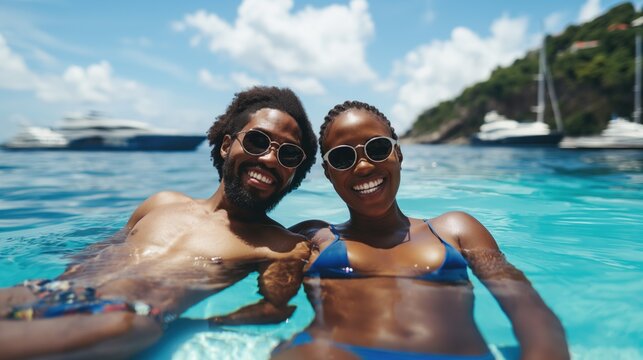 Cheerful diverse couple with sunglasses sharing a laugh in sunlit transparent sea water with yachts on background