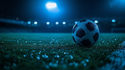 An image of a football in the spotlight on an empty stadium pitch, highlighting the anticipation of a game, against a dark, midnight blue background.