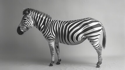 Naklejka premium a black and white photo of a zebra standing in the middle of a studio photo with its head turned to the side.