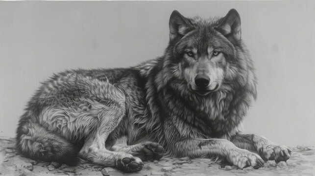  a black and white photo of a wolf laying down on the ground with it's head turned to the side.