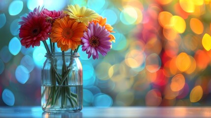  a vase filled with colorful flowers sitting on top of a table next to a colorful boke of lights in the background.