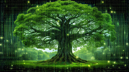 A large tree with green leaves and a glowing light on it