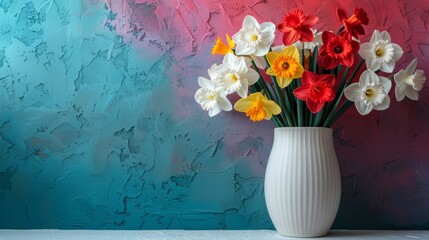  a white vase filled with colorful flowers against a blue, red, yellow and pink wall behind a blue, red, pink, and white background.