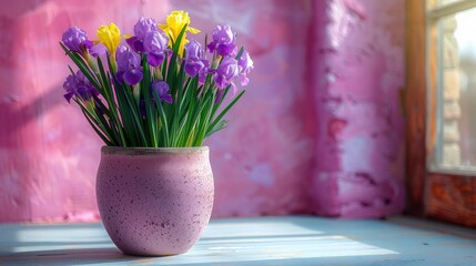  a vase filled with purple and yellow flowers on a window sill next to a pink wall and a mirror.