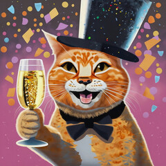Orange Tabby Cat in Black Top Hat Making Champagne Toast with Fluted Glass and Confetti Illustration AI