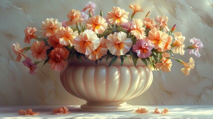  a painting of pink and orange flowers in a white vase on a white table with a marble wall behind it.