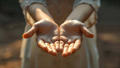 Human hands open in worship and prayer, symbolizing faith and devotion. Ideal for religious or spiritual concepts, easter, lent, therapy, and support visuals. - obrazy, fototapety, plakaty