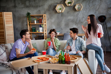 Portrait of company best friends hanging out chatting drink beer eat pizza free time chill flat...