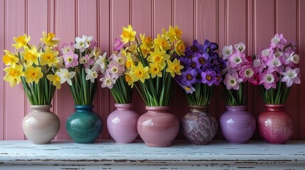  a row of vases filled with colorful flowers on top of a white shelf in front of a pink wall.
