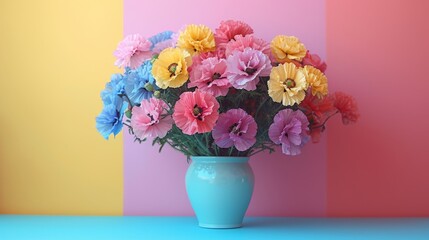  a blue vase filled with colorful flowers on top of a blue table next to a pink, yellow, and blue wall.