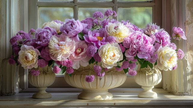  a vase filled with pink and white flowers sitting on a window sill next to a pair of vases filled with pink and white flowers.