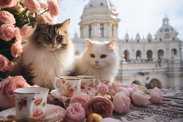 Cute cats near pink roses against the backdrop of the ancient Capitol outside the window