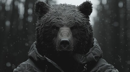  a black and white photo of a bear wearing a hooded jacket in a forest with rain falling down on it.