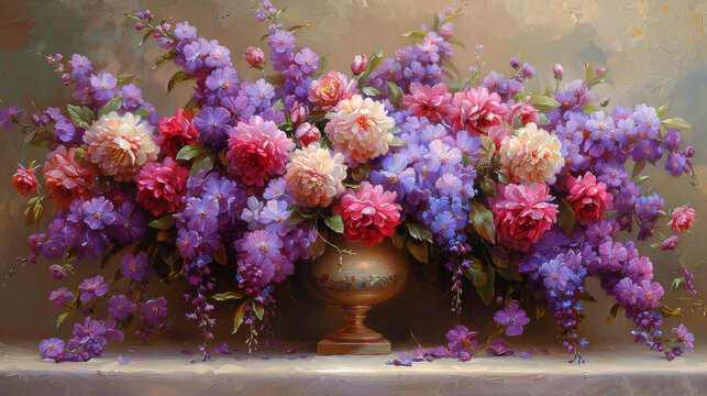  a painting of purple and pink flowers in a gold vase on a white tablecloth with a white tablecloth.