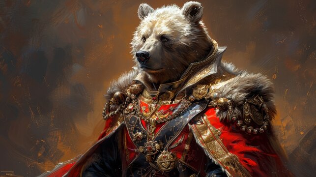  a painting of a bear dressed in a red and gold outfit with a large bear's head on top of it.