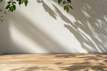 Empty natural wood table standing near white wall with plants leaves and shadows outdoors. Brown tabletop with copy space for product advertising mockup. Terrace, balcony, backyard in sunny day