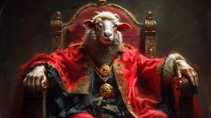  a painting of a sheep in a red robe sitting in a chair with a golden crown on it's head.