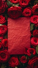 Red Sheet of Paper Surrounded by Red Roses on a Wallpaper Background